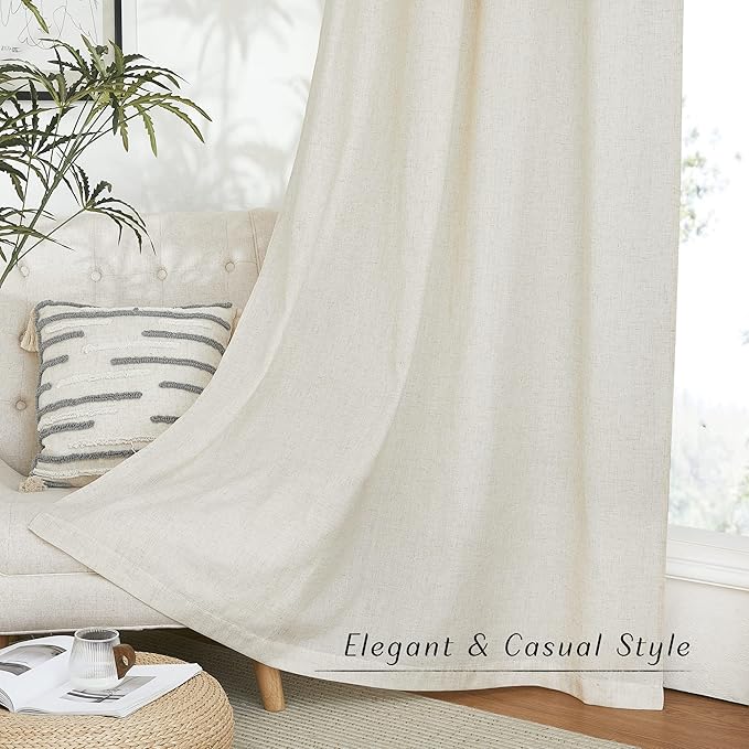 NICETOWN Extra Long Linen Curtains 132 inches Long for Living Room, Grommet Privacy Added Thick Burlap with Light Filtering Semi Sheer Window Treatments for Bedroom, Natural, W55 x L132, 2 Panels