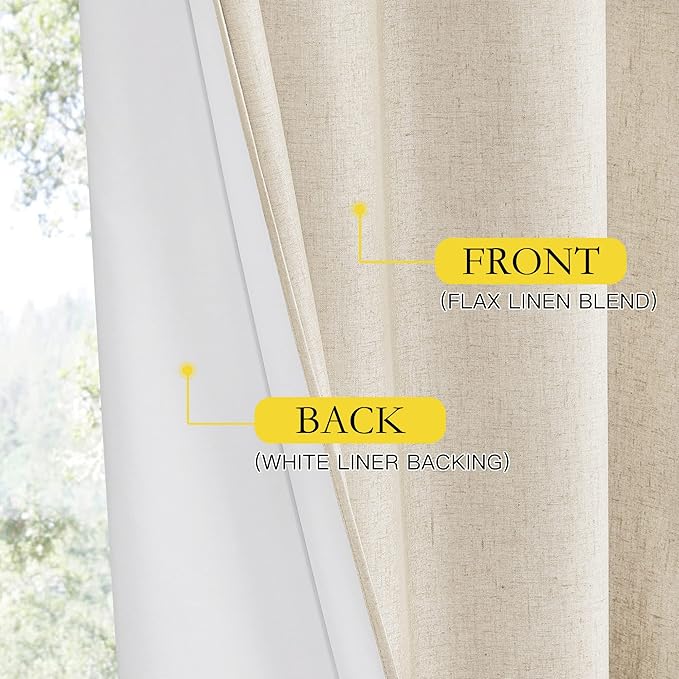 NICETOWN 100% Absolutely Blackout Linen Curtains with Thermal Insulated White Liner, Beige, W62, 2 Pieces, Noise Reducing Textured Linen Look Curtains for Windows 95 inch Length for Classroom