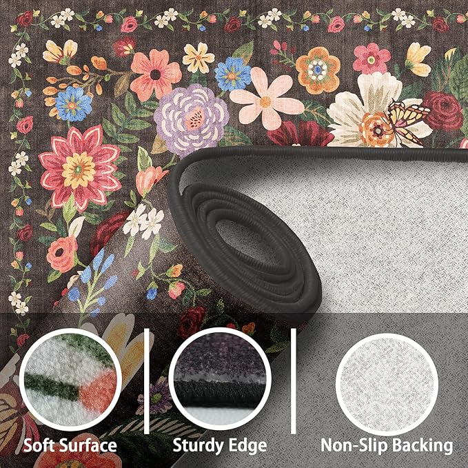 Rug for Hallways Kitchen Rug 3x7, Non Slip Washable Rugs with Rubber Backing Soft Floral Carpet Runner for Hallways, Kitchen, Laundry, Bedroom, Bathroom(3 x 7, Black/Brown)