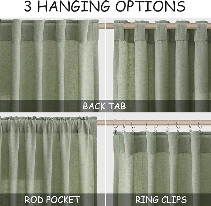 Extra Long Light Sage Linen Curtains 120 Inch for Living Room 2 Panels Set Rod Pocket Back Tab Soft Linen Window Drapes Semi Sheer Light Filtering Privacy High Ceiling Drapes for Farmhouse 52x120