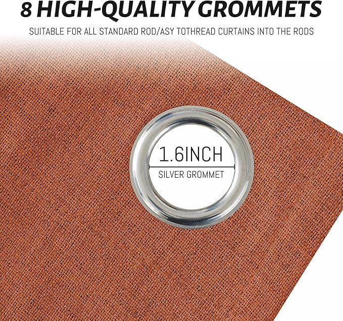 Yakamok Burnt Orange Linen Curtains 100% Blackout 72 Inches Long,Room Darkening Textured Curtains for Living Room Thermal Grommet Bedroom Curtains 2 Panels with White Liner