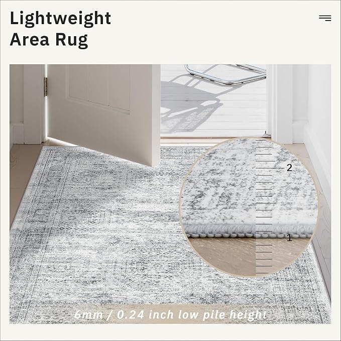 2x4 Washable Rugs for Kitchen, Floor, Entryway, Powder Room Small Area Rug Non-Slip Vintage Low Pile Throw Door Mat Grey