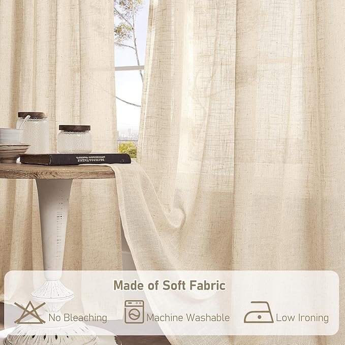 LAMIT Light Filtering Linen Curtains 68 inches Long for Bedroom, Faux Linen Textured Semi Sheer Back Tab and Rod Pocket Boho Modern Drapes for Living Room/Farmhouse, Linen, 2 Panels, 52 x 68 Inch