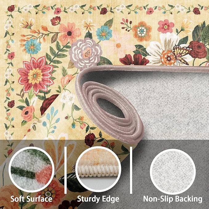 Living Room Rugs, Area Rugs 5x8 Rug for Bedroom Ultra-Thin Soft, Non-Slip Washable Rugs Stain Resistant Boho Rug Low-Pile Throw Rug for ‎Dining Room Office (5 x 8, Yellow Garden)