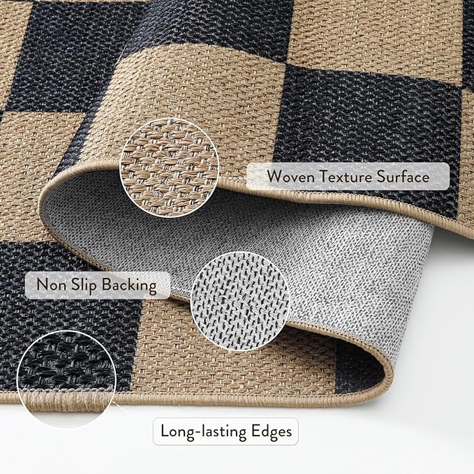 Lahome Colette Checkered Easy Jute Carpet, Washable Area Rug 6x9 Neutral Outdoor Patio Rug, Farmhouse Checkerboard Non Slip Non Shedding Floor Carpet for Dining Living Room Deck Sunroom