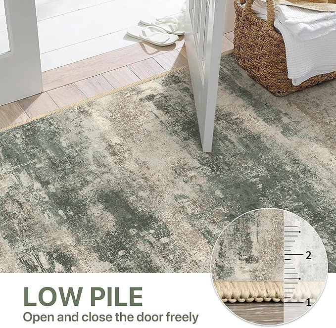 Runner Rug for Hallway Kitchen, 2x10 Machine Washable Runners Rug for Entryway, Soft Modern Abstract Throw Rugs, Low Pile Floor Cover with Non Slip Backing, Grey/Dark Green