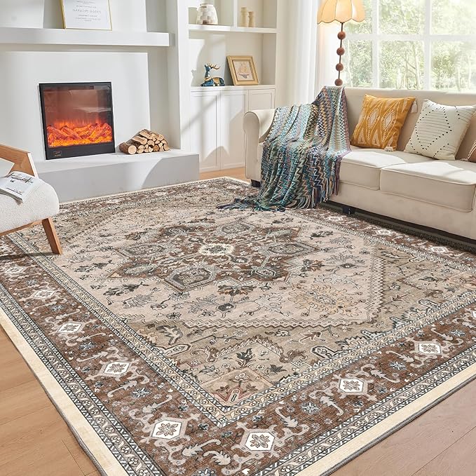OPPODREAM Soft Area Rugs 4x6, Low-Pile Washable Rugs 4x6 with Non Slip Backing, Faux Cashmere 4 x 6 Throw Carpet, Brown