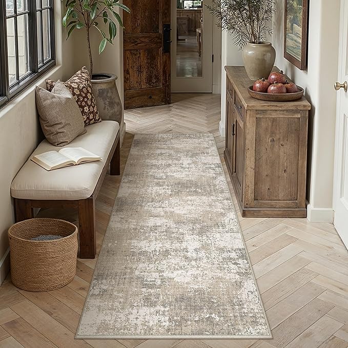 PureCozy Runner Rug 2x6 Beige Machine Washable Modern Abstract Hallway Carpet Non Slip Neutral Long Carpet Low Pile Soft Non Shedding Contemporary Rug for Bathroom Laundry Kitchen Bedroom