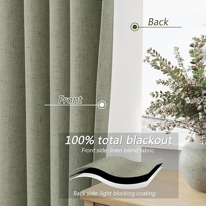 Sage Green 100% Blackout Linen Curtains 100 Inch Length 2 Panels Set for Living Room Bedroom Back Tab Thermal Insulated Black Out Drapes Room Darkening Farmhouse Style for Bedroom Window Curtains