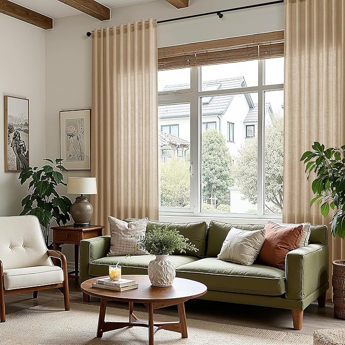 Sand Beige Linen Curtains for Living Room 98 Inches Long Simple Modern Light Filtering Semi Sheer Curtain Back Tab Rustic Farmhouse Luxury Home Decor Drapes for Bedroom Dinner Room 52x98, 2 Panels