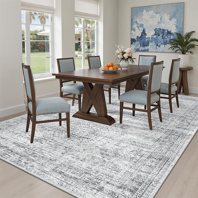 7x9 Area Rug for Living Room Washable Abstract Vintage Soft Thin Indoor Floor Non-Slip Carpet for Bedroom Dining Room Grey