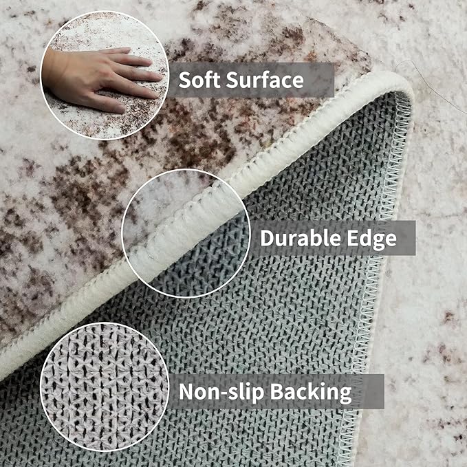 3x10 Washable Runner Rug for Hallway: Non Slip Runners Rugs Easy-to-Clean - Soft Living Room Bedroom Kitchen Carpet - Thin Low Pile Printed Floor Mat for Dining Room Beige Brown