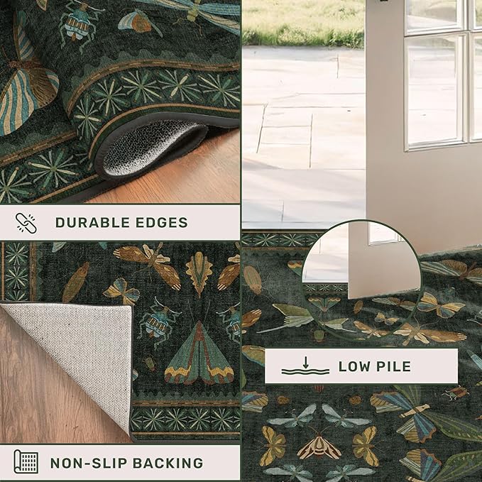 Dark Green Area Rugs 5x7 for Living Room - Fairy Fantasy Moss Rugs for Dining Room Table, Bedroom, Whimsical Insect Boho Moth Décor, Washable Non Skid Soft Carpet