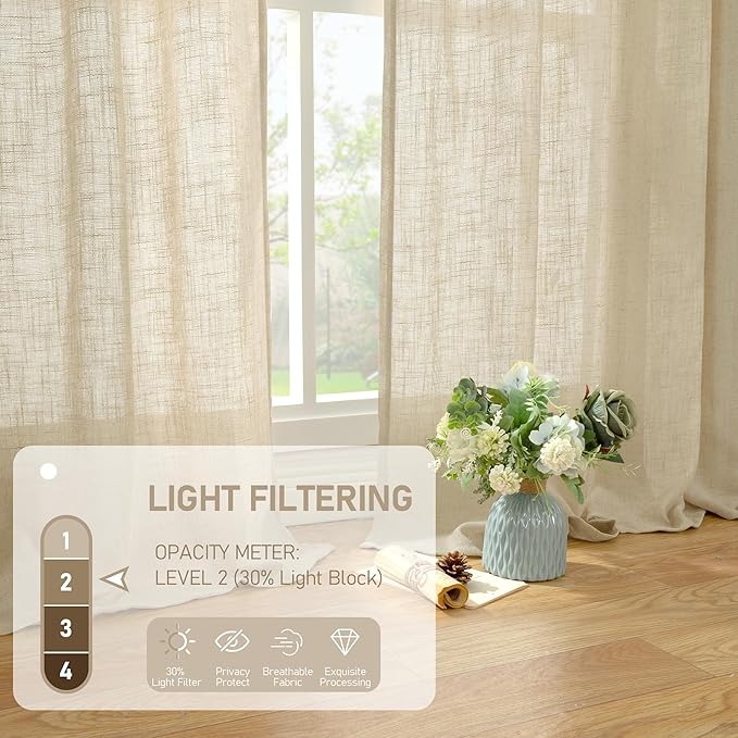 LAMIT Natural Linen Curtains 95 Inch for Living Room, Back Tab and Rod Pocket Linen Textured Semi Sheer Curtains Light Filtering Drapes for Bedroom/French Door, Set of 2, 52 x 95 Inch, Linen