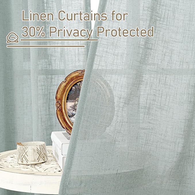 LAMIT Short Linen Curtains 40 Inch Length, Semi Sheer Light Filtering Panels Back Tab and Rod Pocket Neutral Drapes for Basement/Window/Loft Room, Greyish Blue, 34 x 40 Inch, 2 Panels