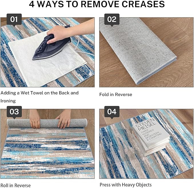 Lansny Modern Abstract Runner Rug 2.6x12, Blue Washable Long Kitchen Runner Non-Slip Soft Hallway Rug Runner Thin Print Faux Wool Carpet for Entryway Bedroom Laundry Room Indoor Home Decor