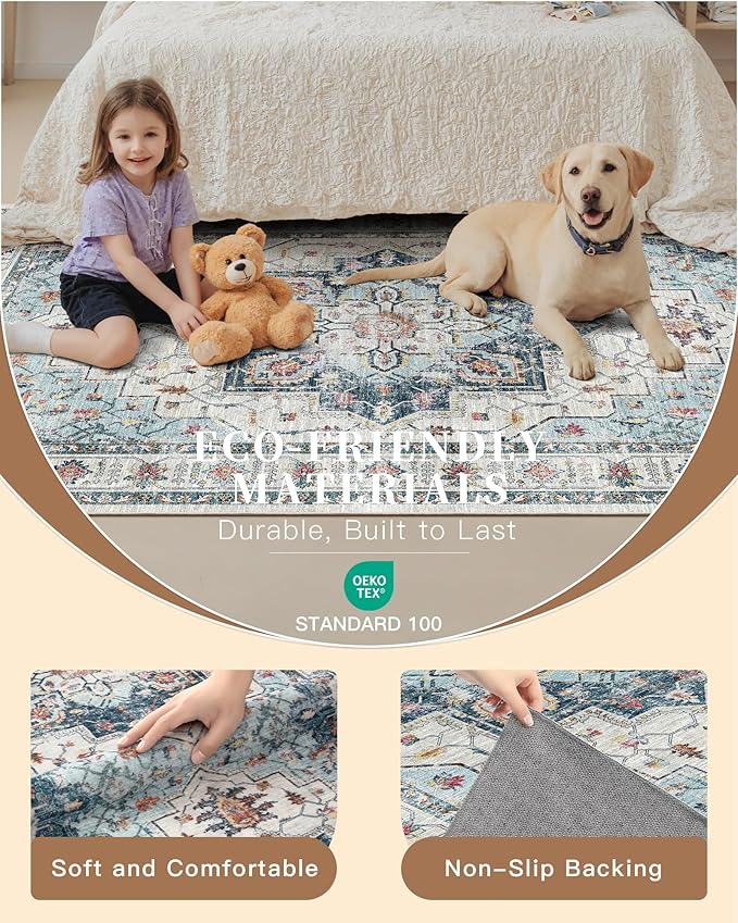 Madane 4x10 Wide Hallway Runner Rug: Washable Soft Rug Runners for Living Room Bedroom, Stain Resistant Low Pile Area Rugs Thin Non Slip Floor Carpet for Ktichen Bathroom Dining Room (Blue, 4x10)