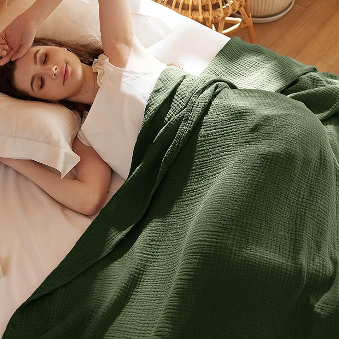 Bedsure 100% Cotton Muslin Blanket King Size for Bed - 4-Layer Breathable and Lightweight Thin Soft Summer Gauze Muslin Blanket for Adults, Olive Green, 108x90 Inches