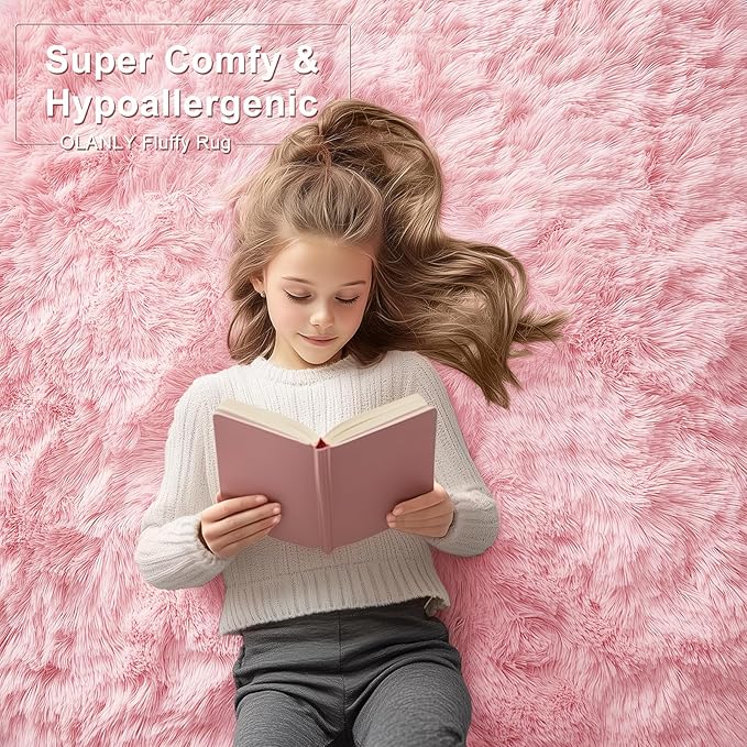OLANLY 6x9 Machine Washable Large Area Rugs for Living Room, Bedroom, Soft Fluffy Shaggy Bedside Rug, Indoor Floor Carpet for Kids Girls and Boys, Dorms, Nursery, Home Decor Aesthetic, Pink
