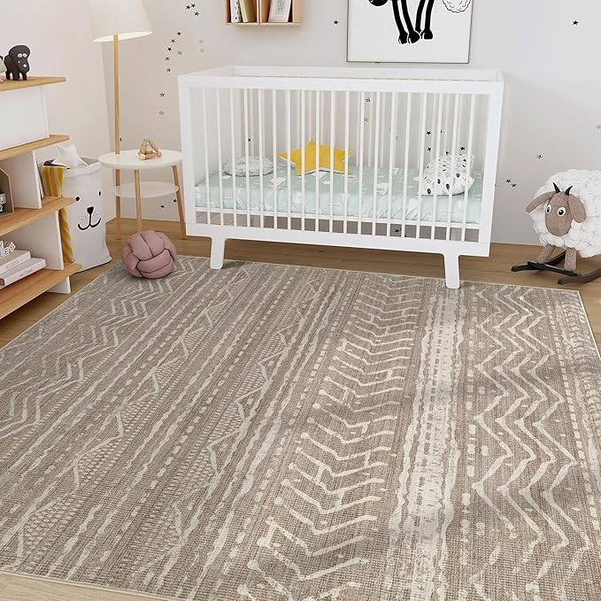 Nakagishi 9x12 Area Rug Living Room: Washable Boho Large Neutral Modern Soft Farmhouse Rugs Stain Resistant Indoor Floor Non-Slip Carpet for Bedroom Nursery Kid Playroom Office Dining Room- Dark Brown
