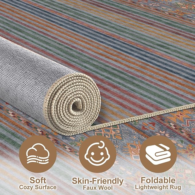 Nakagishi 6X9 Area Rugs Living Room: Washable Large Vintage Rug Neutral Non-Slip Soft Stain Resistant Indoor Carpet for Bedroom Nursery Dining Room Office Playroom - Multi Color