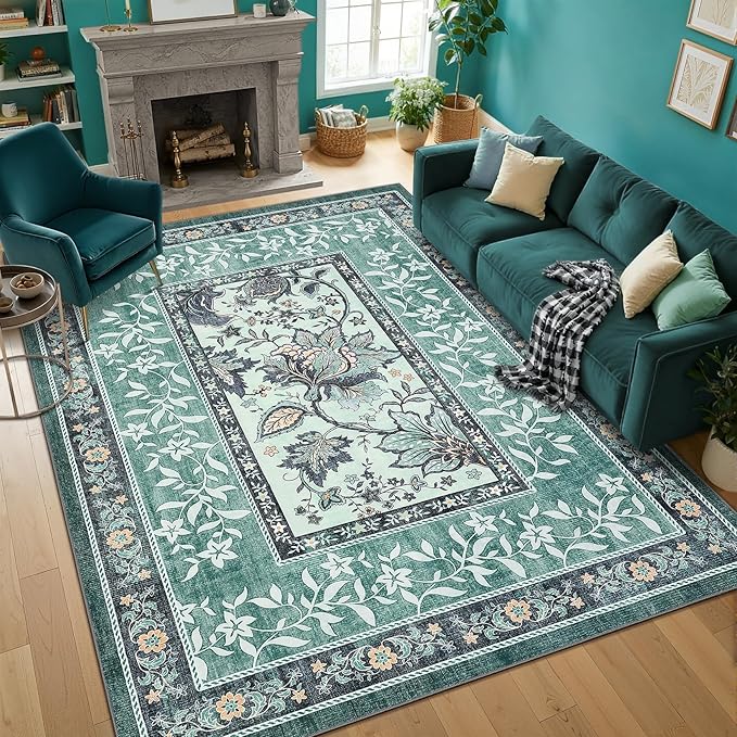GarveeHome Teal Washable 6x9 Area Rugs, Botanical Grove Vintage Cottagecore Non-Slip Rug for Living Room Bedroom Nursery Kitchen Low-Pile Retro Large Carpet