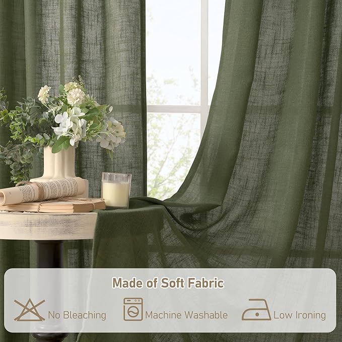 LAMIT Olive Green Semi Sheer Linen Curtains, Light Filtering Panels Back Tab and Rod Pocket Christmas Decor Drapes for Bedroom/Living Room, 2 Panels, 34 x 63 Inch