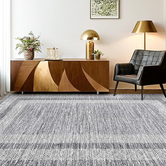 GarveeHome 6x9 Large Washable Area Rug Modern Bordered Rug Distressed Geometric Floor Carpet, Soft Non Slip Low Pile Non Shedding Rug, Indoor Gray for Bedroom, Living Room