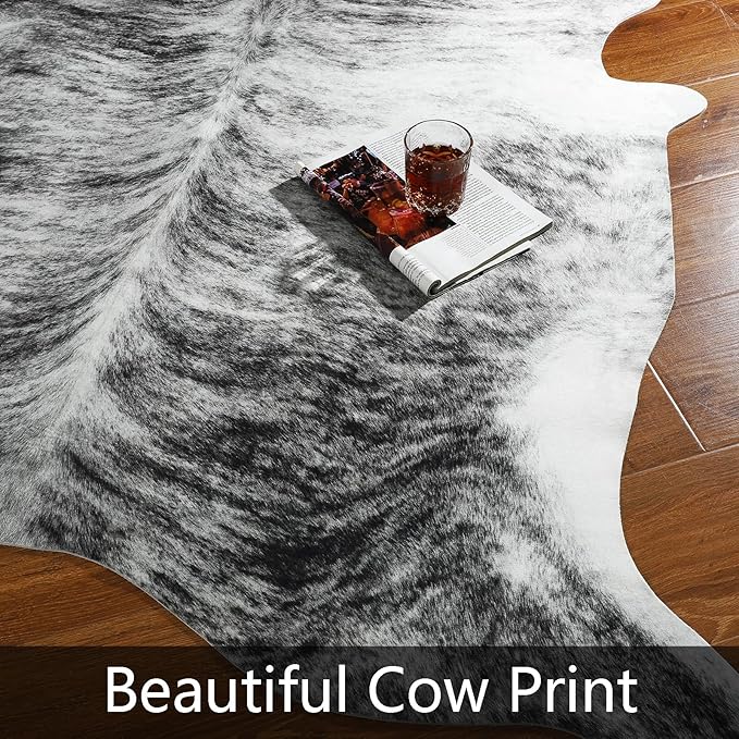 AROGAN Western Decor Faux Fur Cowhide Rug, 4.6 x 5.2 Feet Premium Animal Skin Cow Hide Rug, Sturdy Cow Print Rugs for Wall Decor, Western Floor Carpet for Bedroom Living Room, Black and Grey