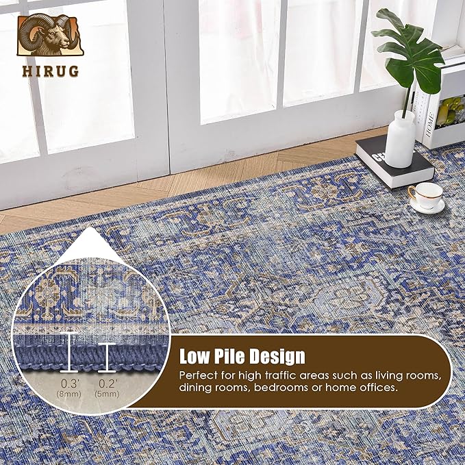 Washable Area Rug 9' x 12' Vintage Traditional Persian Mat - Foldable Distressed Non-Slip Machine Washable Carpet for Living Room Bedroom Kitchen Home Decor - Indigo and Gold