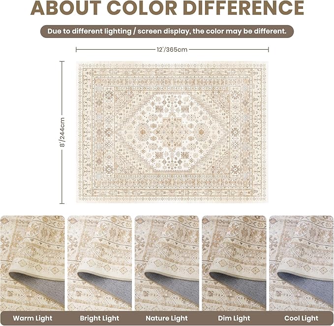 zesthome 8x12 Area Rugs,Stain Resistant Washable Rug,Ultra-Thin Rugs for Living Room,Bedroom,Non-Slip Backing Home Decor Large Area Rug (Cream/Beige,8'x12')
