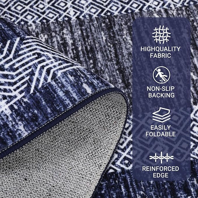 GarveeHome 2x6 Modern Bordered Runner Rug Soft Non Slip Runner Washable Non Shedding Floor Carpet, Distressed Geometric Hallway Runner, Indoor Printed Runner for Kitchen, Entrance, Blue