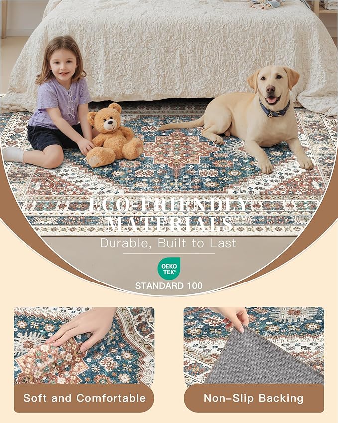 Madane Runner Rug 2x8, Washable Hallway Runner Rugs, Non-Slip Low-Pile Soft Kitchen Rug Runner Laundry Room Rug, Vintage Throw Entry Foyer Mat for Entrance Living Room (Navy Blue, 2 x 8)