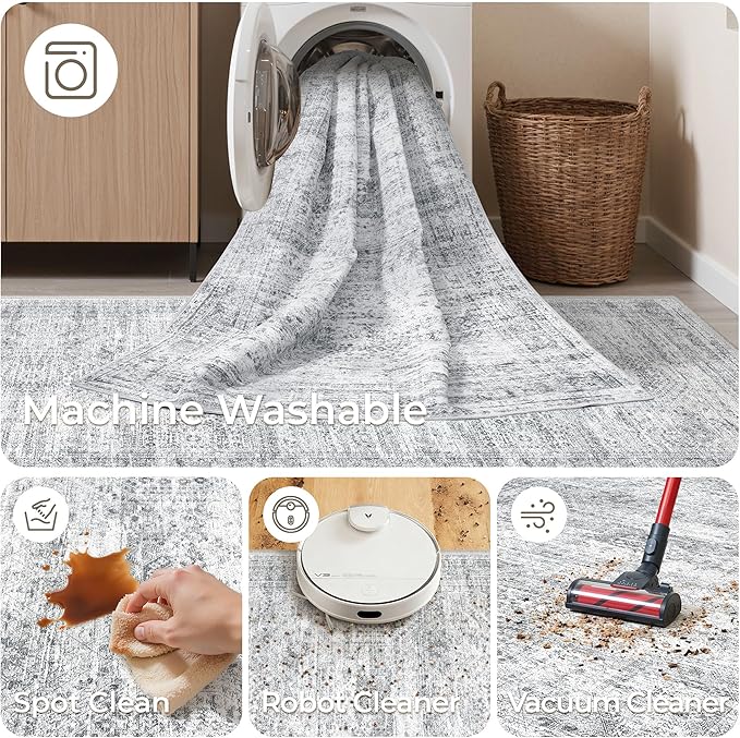 3x12 Runner Rug for Hallway, Non-Slip Long Bathroom Rugs Runner for Kitchen, Bedroom, Soft Vintage Abstract Washable Rug for Entryway, Thin Floor Mat for Dining Room(3'x12', Grey/Ivory)