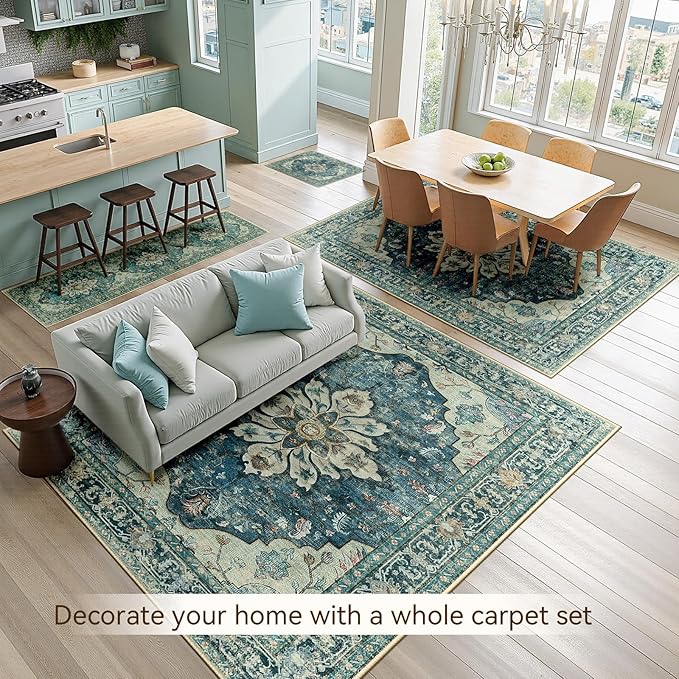 Area Rugs 2'x3' Kitchen Rugs Entry Rug Small Rugs for Entryway Kitchen Bathroom Door Mat Indoor Entrance,Washable Non Slip, Dark Blue Vintage