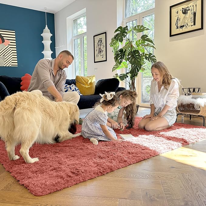OLANLY 2x5 Machine Washable Runner Rugs for Hallway, Soft Fluffy Shaggy Bedside Rugs for Bedroom, Living Room, Indoor Floor Carpet for Kids Girls and Boys, Home Decor Aesthetic, Rust Red