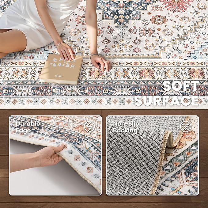 zesthome 7x9 Area Rugs for Living Room,Non-Slip Backing Washable Rugs,Vintage Large Area Rug，Stain Resistant Home Decor Rug (Multi,7'x9')
