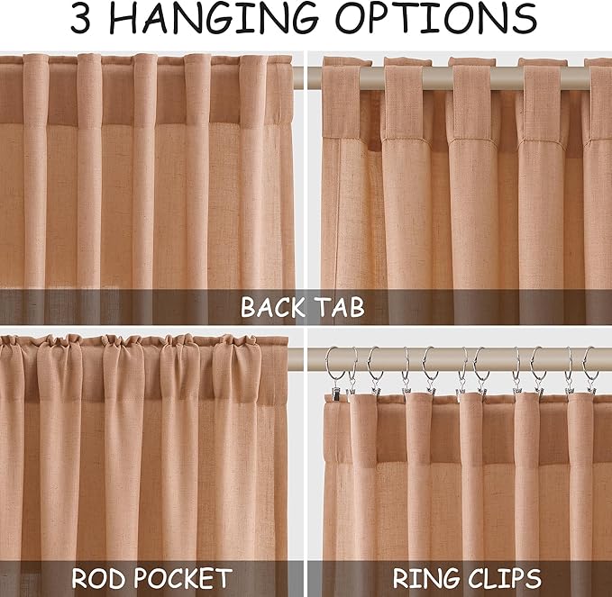 Peach Quartz Linen Curtains 102 Inch Length 2 Panels Back Tab Rod Pocket Semi Sheer Light Filtering Curtains Burlap High Window Living Room Neutral Farmhouse Decor for High Ceiling Spaces 52x102
