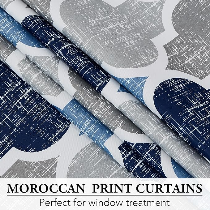Beauoop 100% Blackout Curtains 96 Inches Long 2 Panels for Bedroom Living Room Blue Grey Moroccan Geo Room Darkening Thermal Insulated Soundproof Grommet Top Window Treatments Drapes, 50x96 Set of 2
