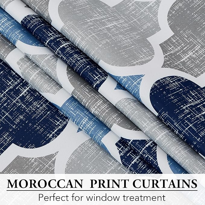 Beauoop 100% Blackout Curtains 90 Inches Long 2 Panels for Bedroom Living Room Blue Grey Moroccan Geo Room Darkening Thermal Insulated Soundproof Grommet Top Window Treatments Drapes, 50x90 Set of 2