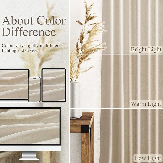 Birch Beige Linen 144 Inch Curtains for Living Room Light Filtering Semi Sheer Curtain Back Tab Modern Farmhouse Decor Elegant Coastal Drapes Floor to Ceiling High Window for Bedroom 52x144, 2 Panels