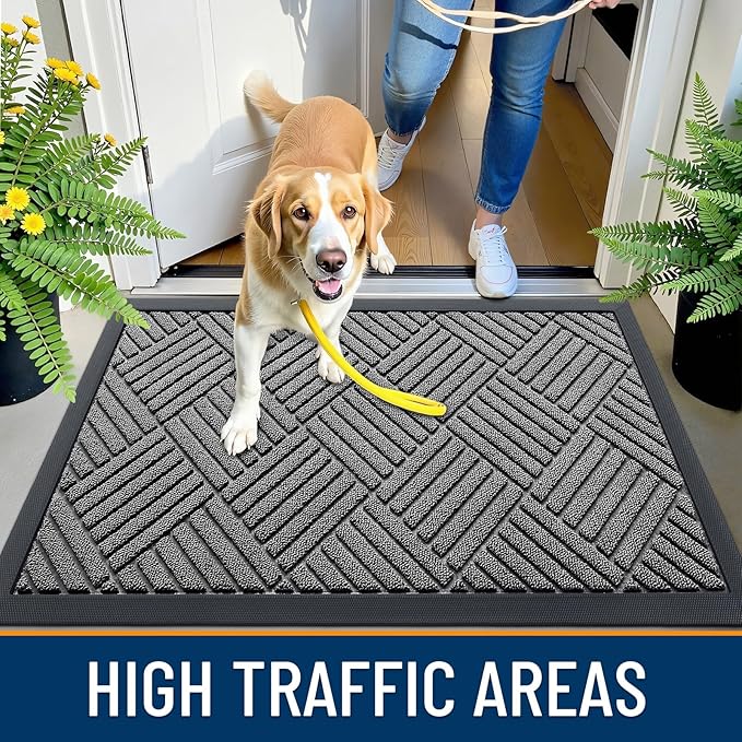 OLANLY Front Door Mat Outside Entrance 59x23, Absorbent, Heavy Duty Sturdy Natural Rubber Doormat Indoor Outdoor, Stain and Fade Resistant, Non-Slip Low Profile Floor Mat for Entryway, Grey Diamond