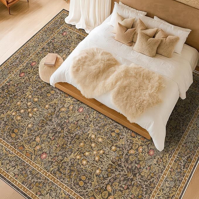 Washable 9x12 Living Room Rug - Gold Brown Floral Area Rug for Dining Room Under Table, Low Pile Non-Slip Floor Carpet for Bedroom Under Bed - Vintage Taupe Design & Stain Resistance