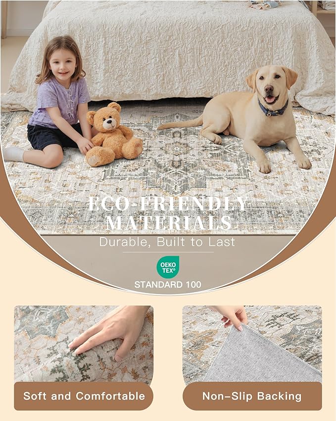 Madane Washable Area Rug 2x3, Small Entryway Rug Non-Slip Vintage Door Mat Indoor Entrance, Low Pile Floor Carpet for Inside Front Door Bedroom Kitchen Entry Laundry (2'x3', Light Taupe Brown)