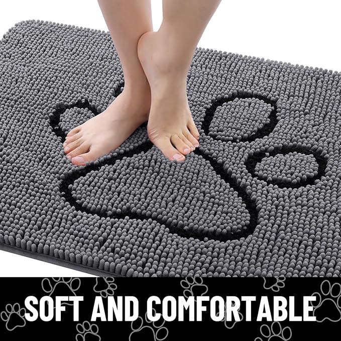 Smiry Dog Door Mat for Muddy Paws, Absorbent Dirt Trapper Non Slip Quick Dry Washable Chenille Mat for Mud Dogs, Entry Rug for Indoor and Outdoor (40x32 Inches, Dark Grey and Black)