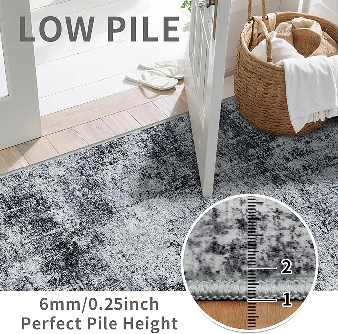 3x12 Washable Hallway Runner Rug: Non Slip Carpet Runners Easy-to-Clean - Soft Living Room Bedroom Kitchen Rugs - Thin Low Pile Printed Floor Mat for Dining Room Neutral Black Grey