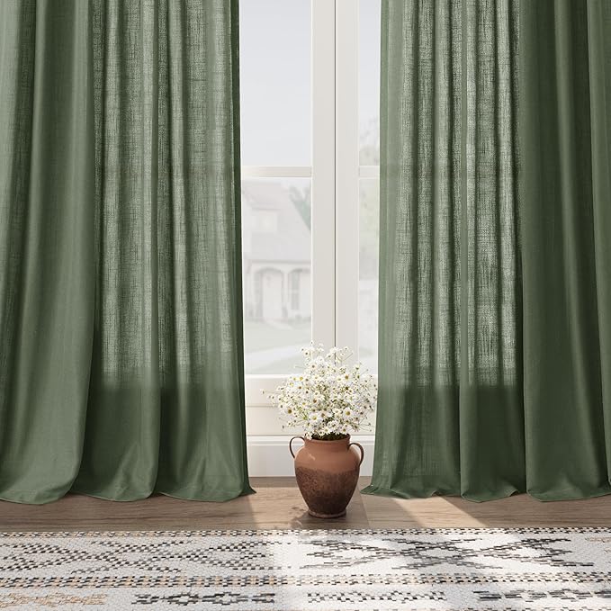 Nanspring Olive Green Linen Curtains for Living Room 2 Panels Set 100 Inch Length Back Tab Light Filtering Semi Sheer Curtain Drapes for Bedroom 52x100