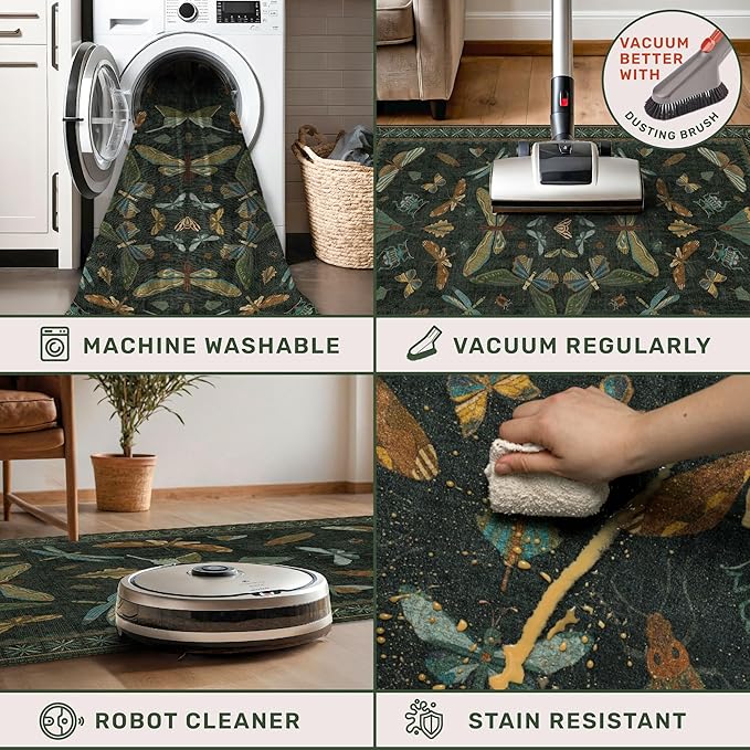 Hazo Haus 2x4 Entry Way Rugs Indoor - Dark Green Putdoor Rug for Kitchen, Bathroom, Insect Boho Design, Washable Non Slip Stain Resistant