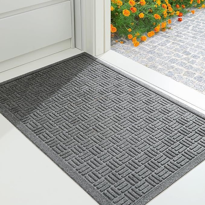 Mibao Front Door Mat Indoor Outdoor Entrance, Dirt Trapping Waterproof All-Season, All-Weather Doormat, Non-Slip Durable Natural Rubber Low Profile Easy Clean Patio Entrance Mat, 36" x 24", Grey