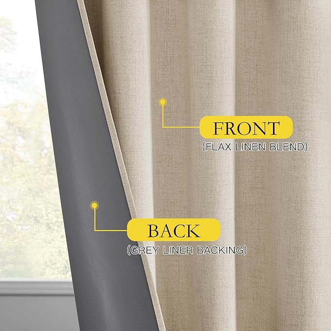 NICETOWN Cream 100% Blackout Linen Curtains 84 inch Long Burg for Living Room, 1 Pair, 52" Width Each Panel, Farmhouse Thick Completely Blackout Window Treatment Thermal Insulated Drapes